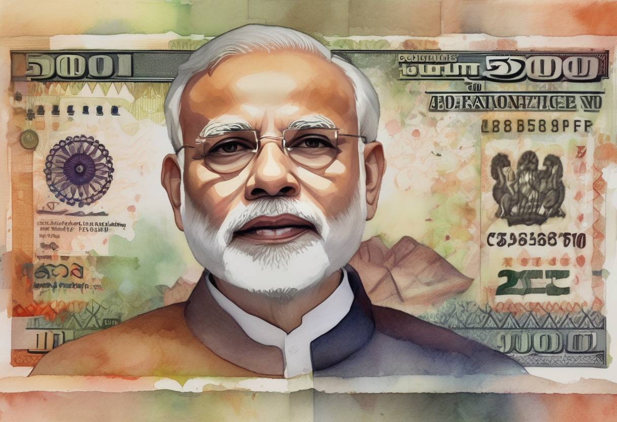 Watercolor painting based depiction of India's Prime Minister Narendra Modi announced the demonetization of ₹500 and ₹1,000 banknotes, aiming to combat black money and counterfeit currency. (2016)