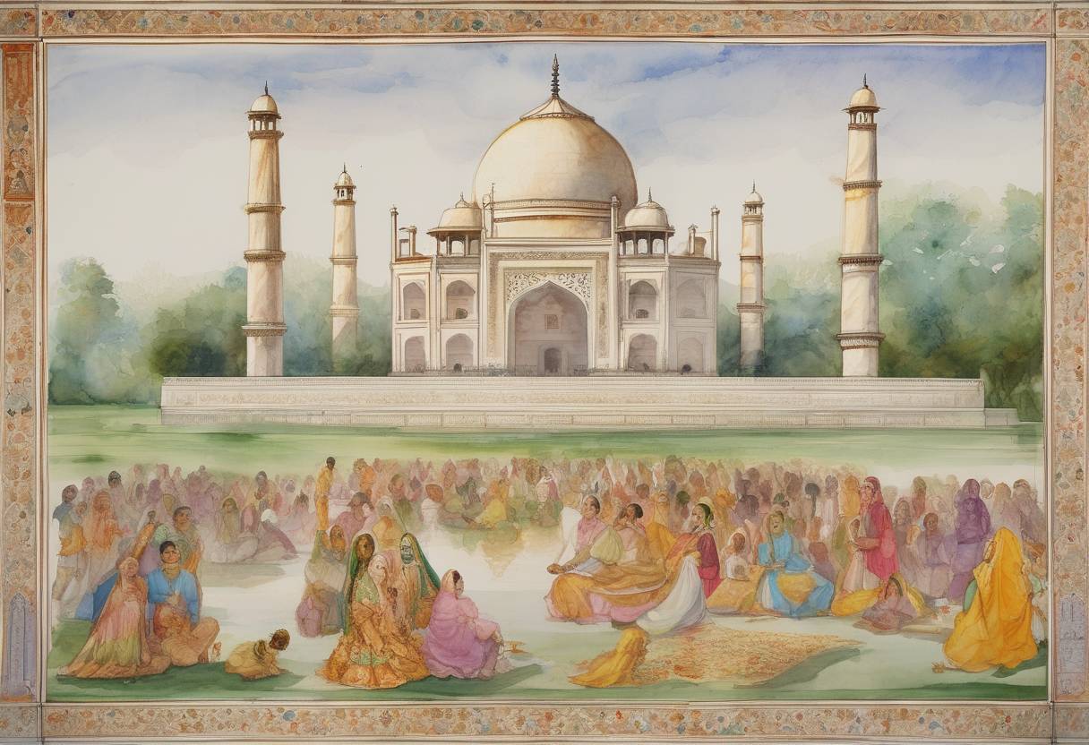 Watercolor painting based depiction of Mumtaz Mahal dies during childbirth, prompting her husband, Mughal Emperor Shah Jahan, to commission the Taj Mahal. (1631)