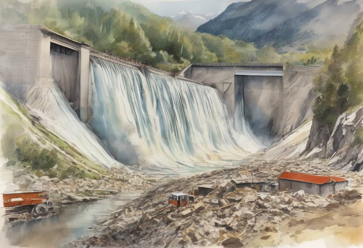 Watercolor painting based depiction of The Vajont Dam disaster occurred in Italy, resulting in a massive landslide and flood that killed around 2,000 people. (1963)