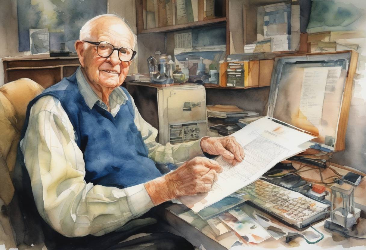 Watercolor painting based depiction of Jack Kilby, the American electrical engineer and co-inventor of the integrated circuit, passes away. He was awarded the Nobel Prize in Physics in 2000 for his part in the invention which revolutionized electronics. (2005)