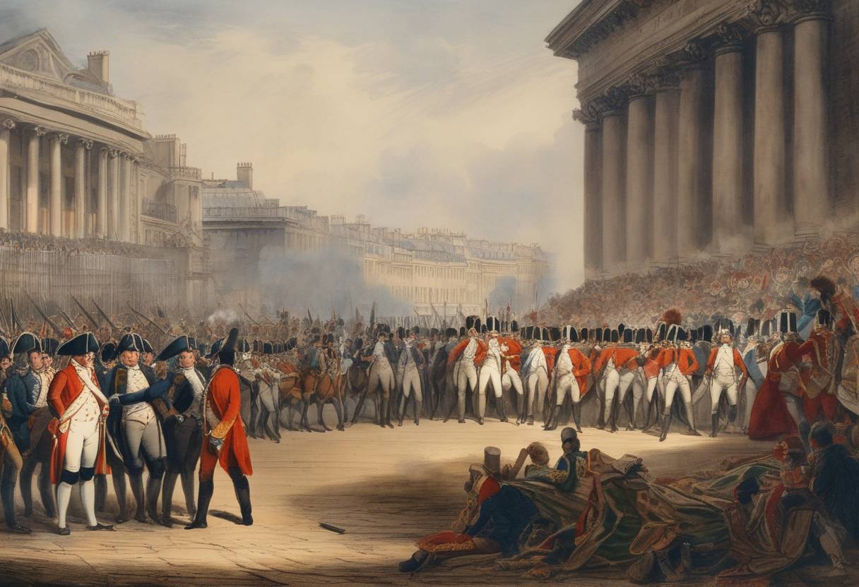 Watercolor painting based depiction of Napoleon Bonaparte stages a coup d'état known as the 18 Brumaire, which overthrows the Directory, replacing it with the French Consulate. This effectively ends the French Revolution and marks the rise of Napoleon as the head of France. (1799)