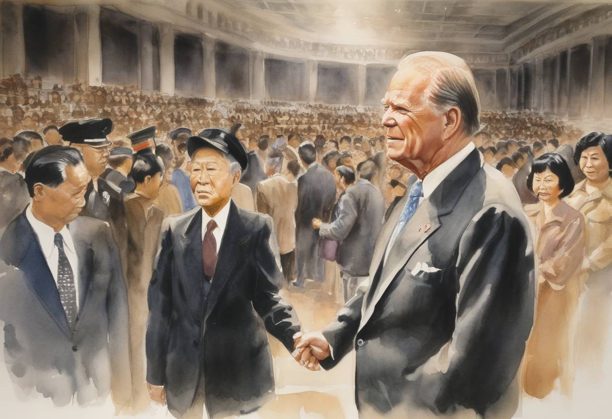 Watercolor painting based depiction of Executive Order 9066, authorizing the internment of Japanese Americans during World War II, is formally rescinded by President Gerald Ford. (1976)