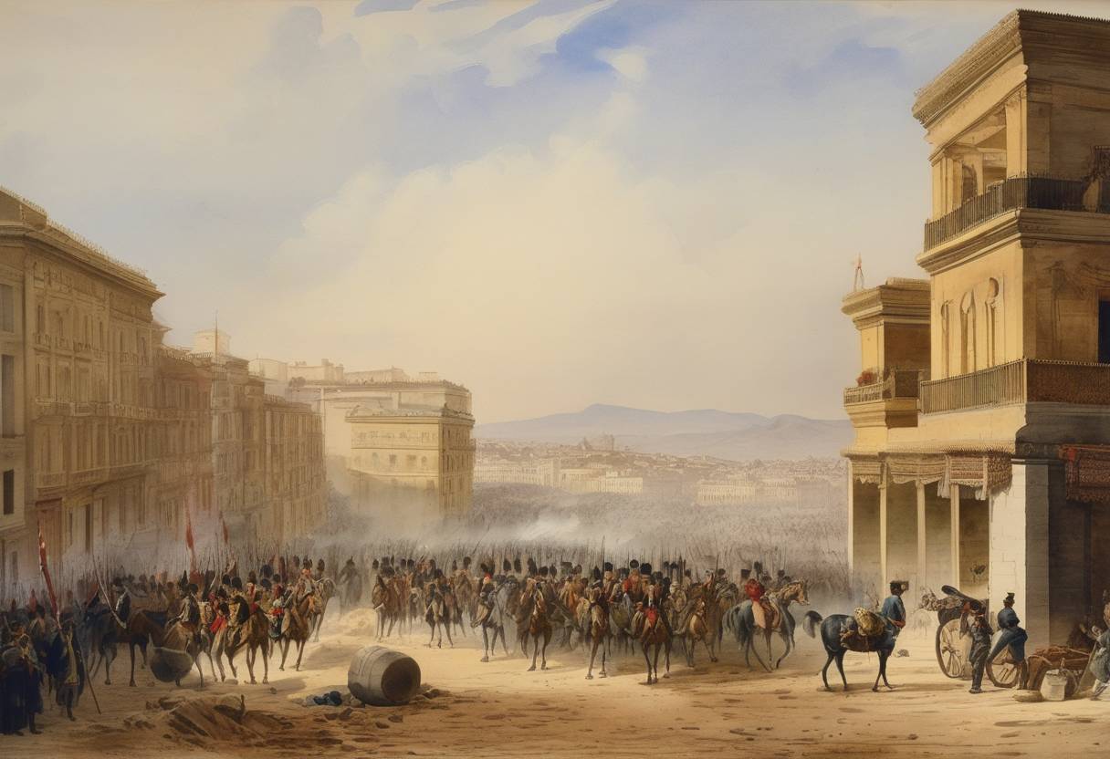 Watercolor painting based depiction of Spain declares war on Morocco, initiating the Spanish-Moroccan War (or the War of Africa). (1859)