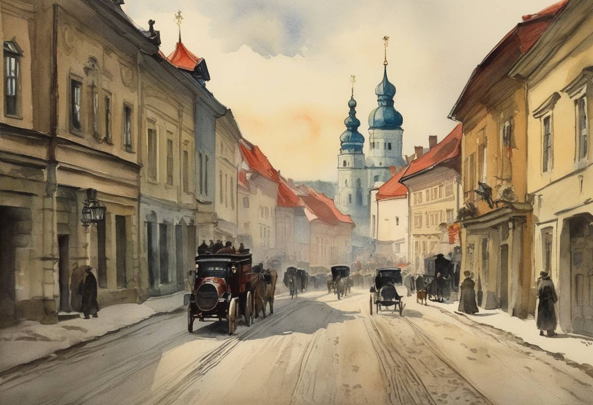 Watercolor painting based depiction of Lithuania declared its independence from Germany and Russia, establishing the short-lived Act of Independence of Lithuania. (1918)