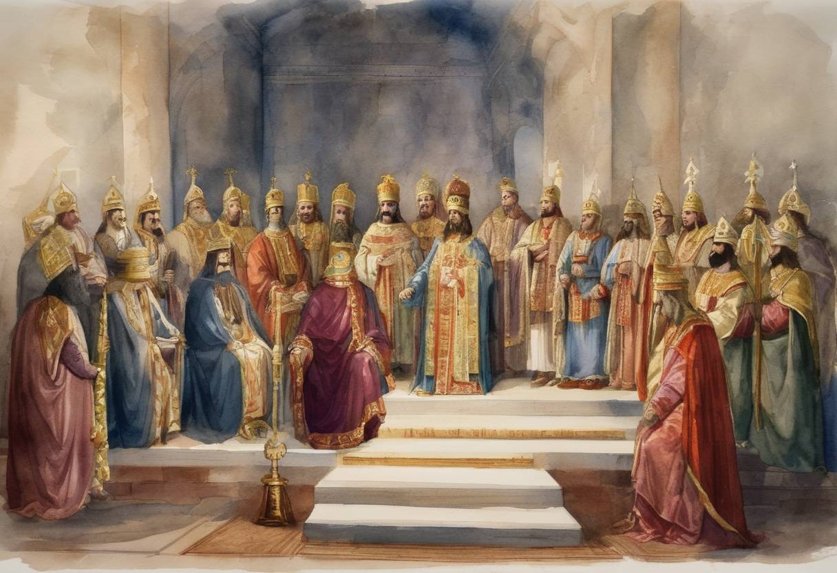 Watercolor painting based depiction of Michael VIII Palaiologos is proclaimed co-emperor of the Byzantine Empire. (1259)