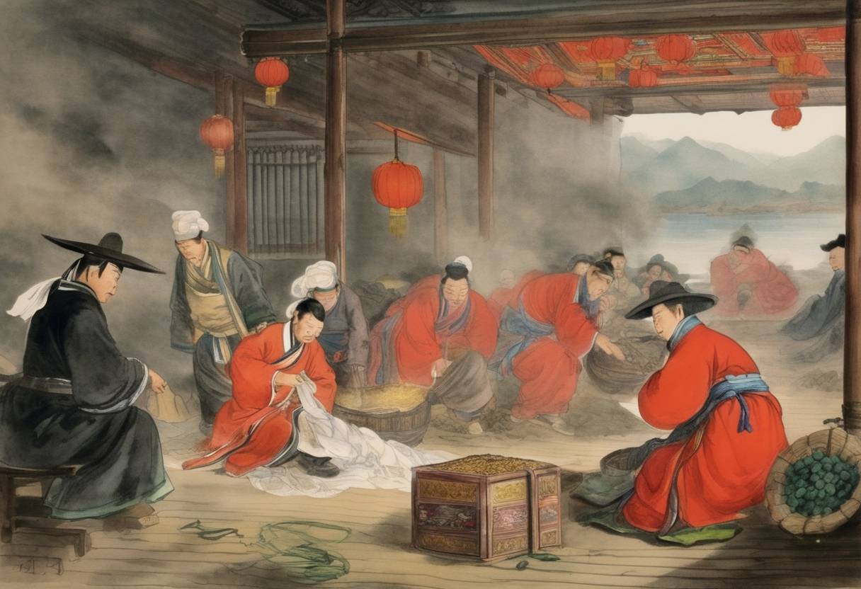 Watercolor painting based depiction of Lin Zexu, a Chinese official, began the destruction of opium in Humen, Guangdong, China as part of efforts to control the opium trade, leading to tension with Britain. (1839)