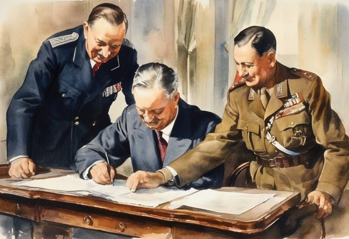 Watercolor painting based depiction of Hungary joins the Axis Powers by signing the Tripartite Pact, aligning itself with Germany, Italy, and Japan during World War II. (1940)