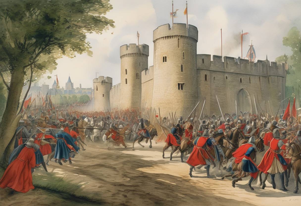 Watercolor painting based depiction of On June 14, 1381, during the Peasants' Revolt in England, insurgents led by Wat Tyler stormed the Tower of London, resulting in the execution of the Archbishop of Canterbury, Simon Sudbury. (1381)