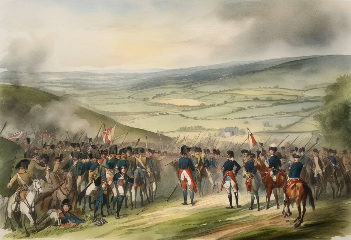 Watercolor painting based depiction of The Irish Rebellion of 1798 against British rule began with the Battle of Carlow. (1798)