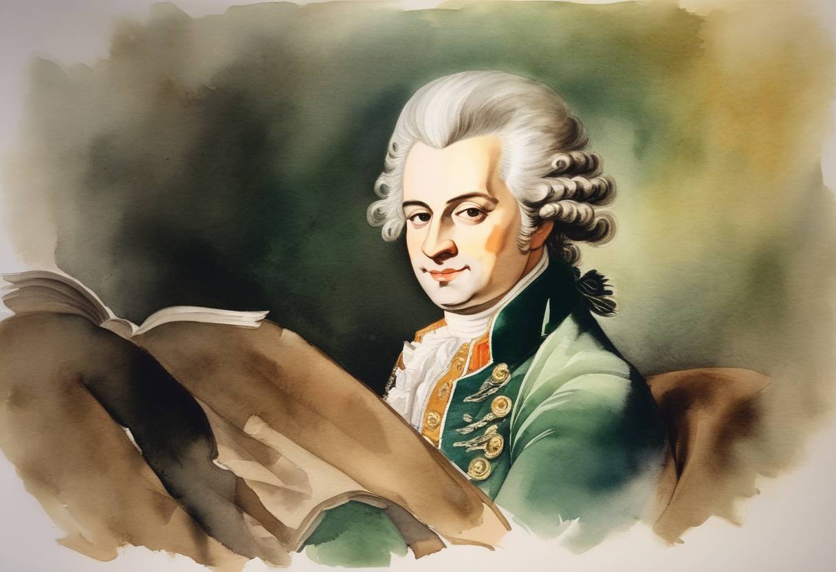 Watercolor painting based depiction of Wolfgang Amadeus Mozart, one of the most influential composers of the Classical era, is born. (1756)