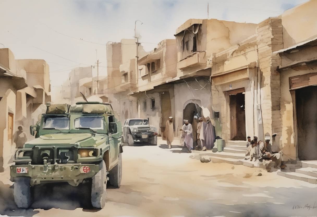 Watercolor painting based depiction of The Taliban took control of the city of Kandahar, Afghanistan, marking one of the last key cities to fall as they advanced towards Kabul during the final phase of the 2021 Taliban offensive. (2021)