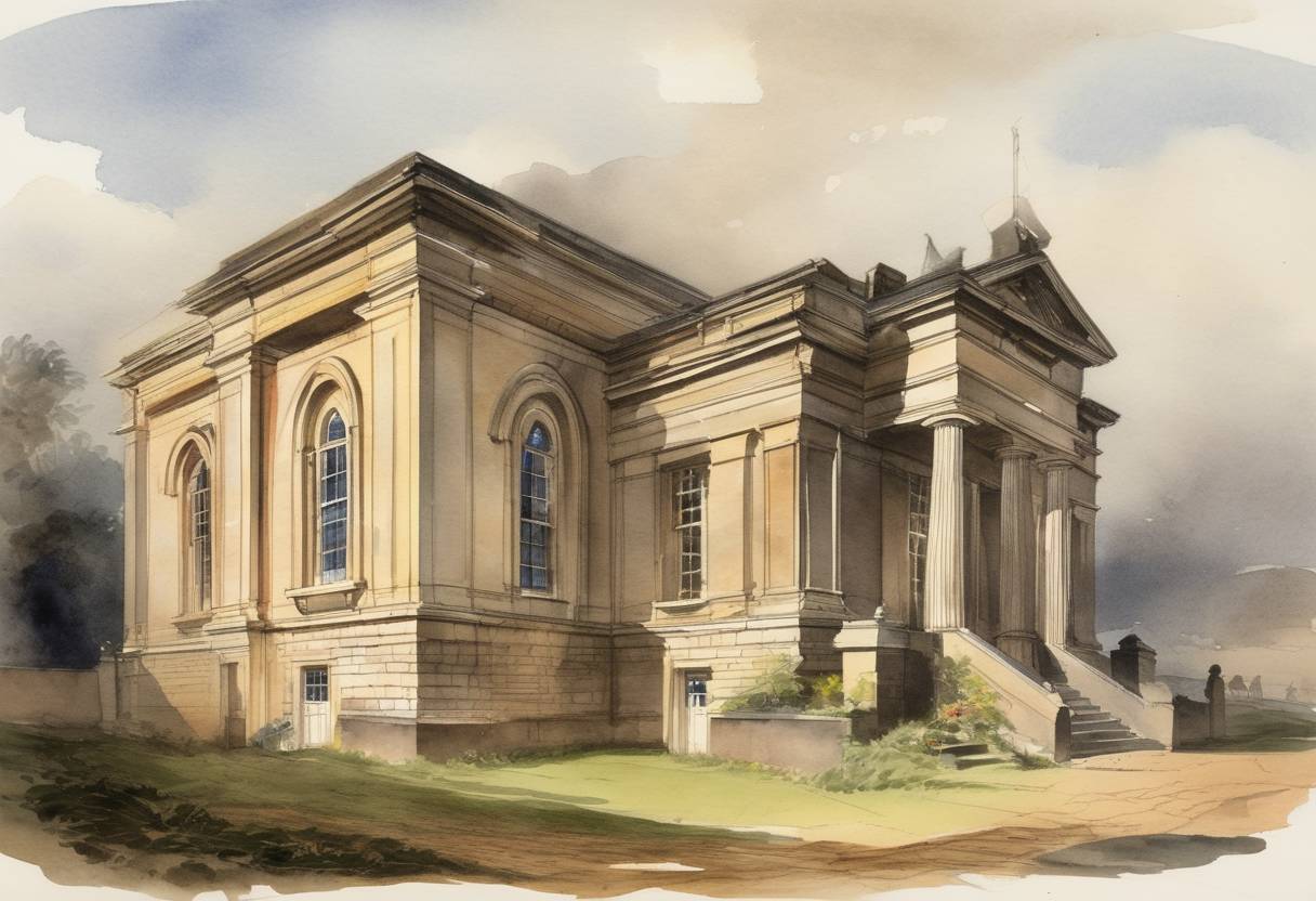 Watercolor painting based depiction of The Masonic Lodge, known as the Mother Lodge Kilwinning, was founded in Ayrshire, Scotland. (1808)