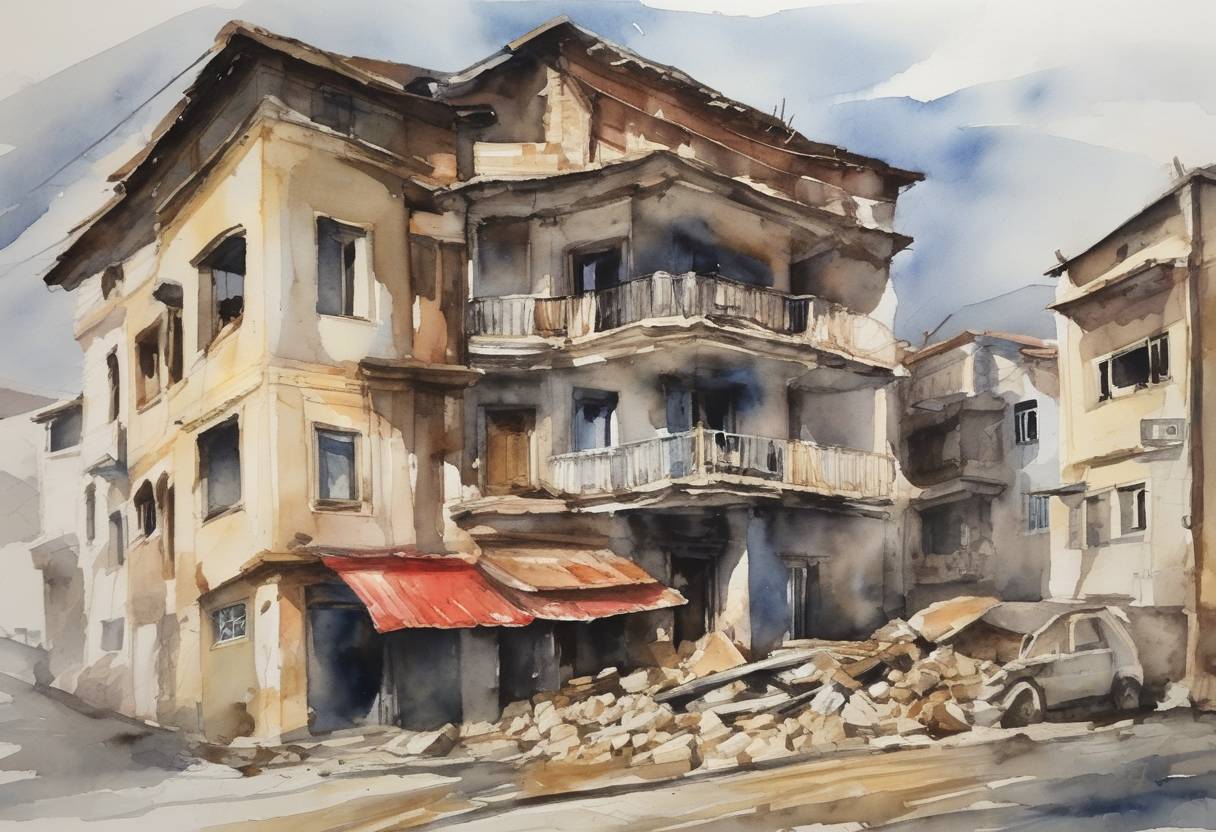 Watercolor painting based depiction of A magnitude 5.6 earthquake hits western Turkey, causing damage to buildings and minor injuries but no fatalities. (2022)