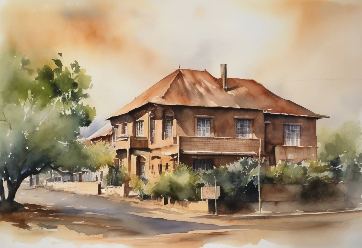 Watercolor painting based depiction of The government of South Africa declared a State of Emergency which extended to 36 magisterial districts. (1985)