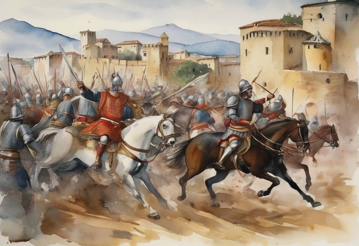 Watercolor painting based depiction of The Battle of Rignano takes place, where Roger II of Sicily defeats Ranulf II of Alife's forces. (1137)