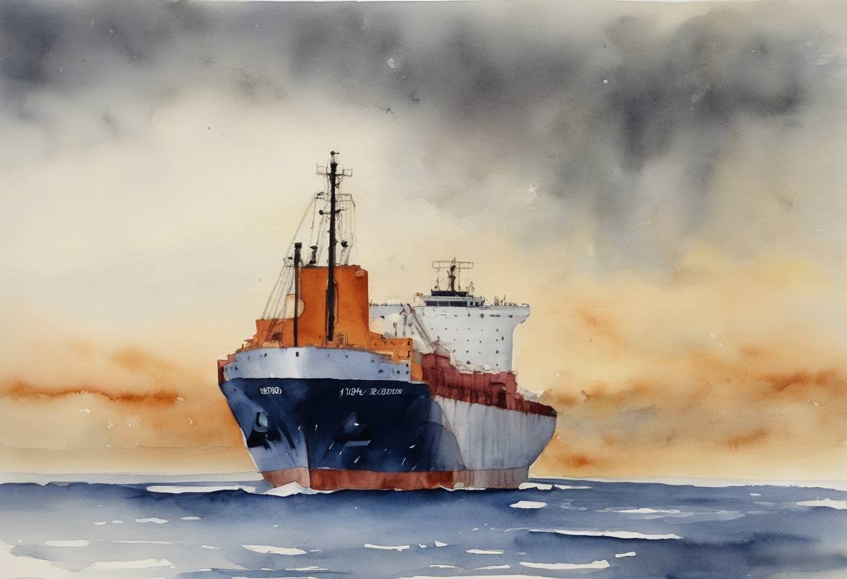 Watercolor painting based depiction of The cargo ship MV Arctic Sea is officially reported missing after being taken over by pirates, leading to a multinational search and diplomatic action. (2009)