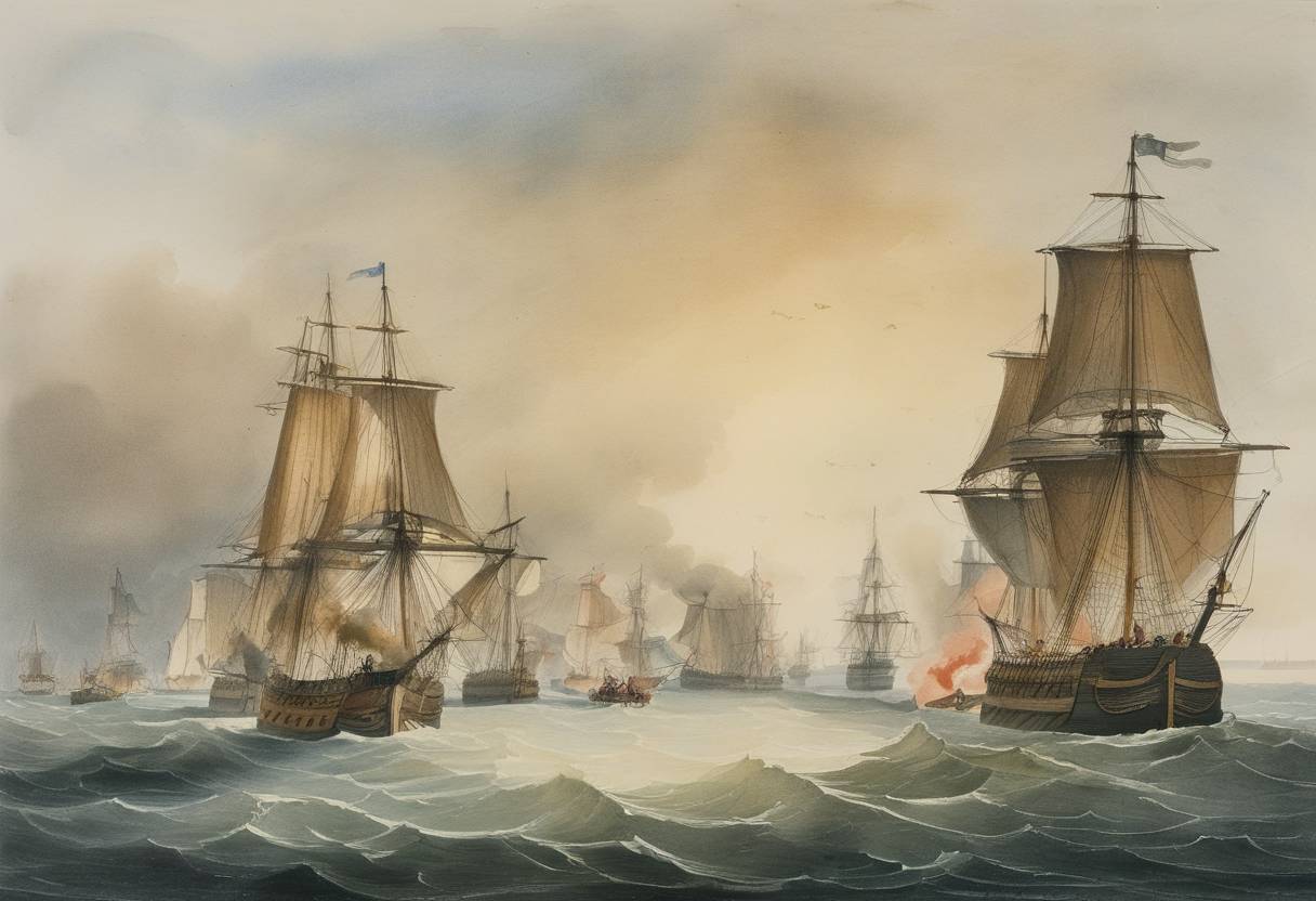 Watercolor painting based depiction of French Revolutionary Wars: A naval battle between French and British fleets occurs off the coast of Brittany. (1797)
