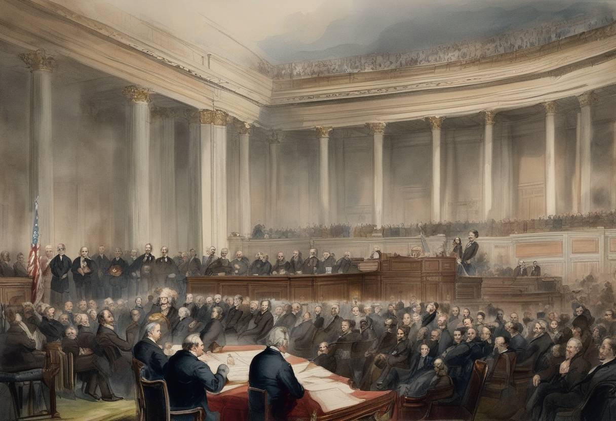 Watercolor painting based depiction of The U.S. Senate voted on the impeachment trial of President Andrew Johnson, falling one vote short of conviction. (1868)
