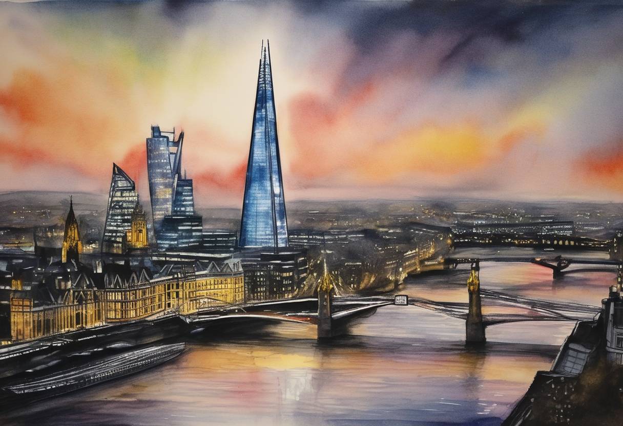 Watercolor painting based depiction of The Shard, the tallest building in Europe at the time, was officially inaugurated with a laser light show in London. (2012)