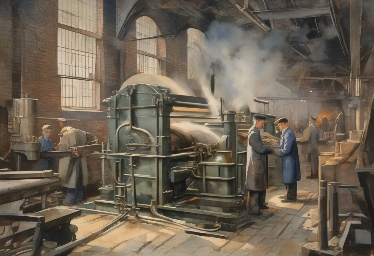 Watercolor painting based depiction of Harry Brearley of Sheffield, England, cast the first stainless steel, revolutionizing the steel industry. (1913)