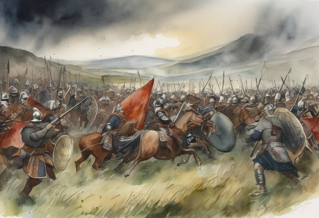 Watercolor painting based depiction of The Battle of Dun Nechtain (also known as the Battle of Nechtansmere) took place. It was a pivotal battle where the Picts, under the leadership of King Bridei III, defeated the Northumbrians led by King Ecgfrith. This battle significantly curtailed Northumbrian expansion and secured Pictish independence from Northumbrian dominance. (685)