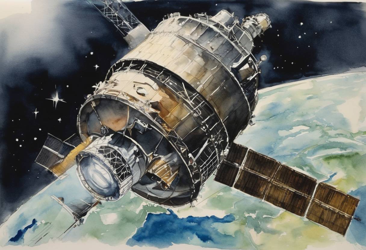 Watercolor painting based depiction of The Mariner 1 space probe, part of NASA's interplanetary exploration program, was launched but veered off course shortly after lift-off and was destroyed by range safety. (1962)