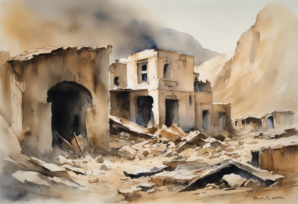 Watercolor painting based depiction of A powerful earthquake struck in the Iranian region of Golbaf, resulting in significant casualties and damage. (1981)