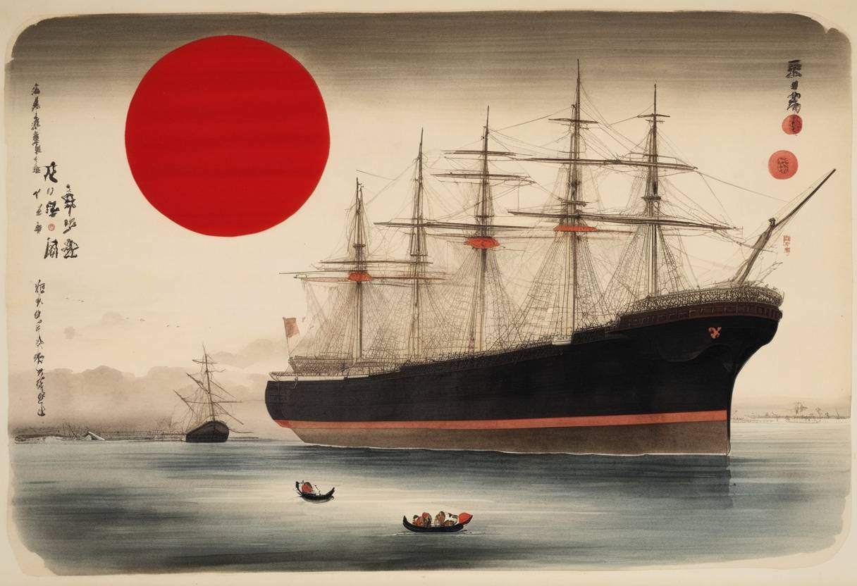 Watercolor painting based depiction of The Hinomaru, a red circle on a white field, was first chosen as the national flag of Japan for merchant ships under a decree from the Tokugawa shogunate. (1854)
