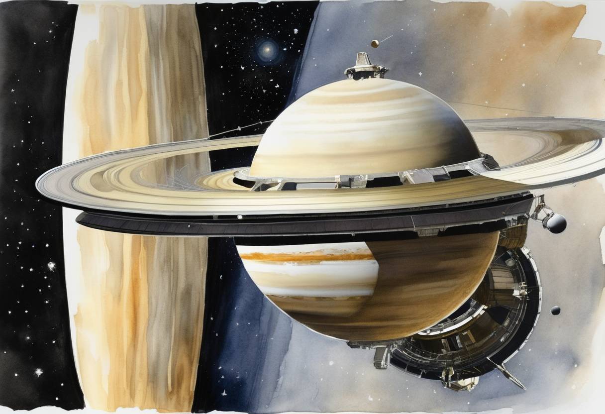 Watercolor painting based depiction of The Cassini-Huygens spacecraft, built by NASA, ESA, and ASI, successfully entered orbit around Saturn, beginning an extensive mission to study the planet and its moons. (2004)