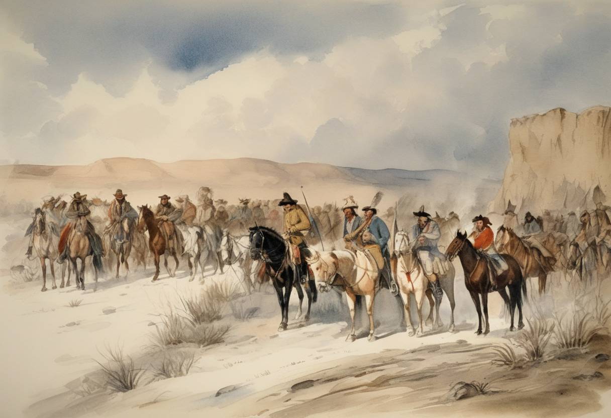Watercolor painting based depiction of Pike Expedition reaches Otero County, Colorado, at the site of present-day Pueblo, Colorado during the exploration of the southwestern territory of the Louisiana Purchase. (1806)