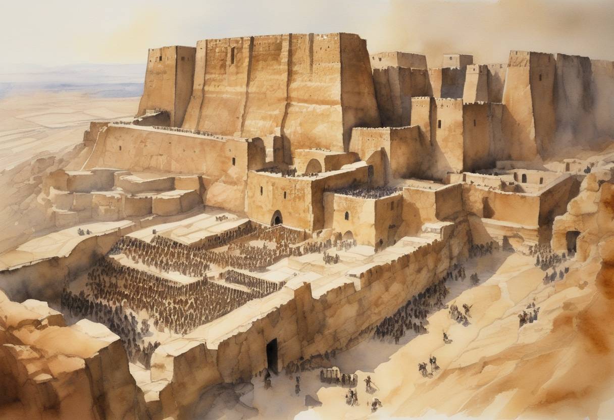Watercolor painting based depiction of The Siege of Masada ended when Roman troops of the Judaean Expeditionary Force, led by Lucius Flavius Silva, took the Jewish fortress of Masada in modern-day Israel, concluding the First Jewish-Roman War. The besieged Sicarii committed mass suicide to avoid capture. (73)