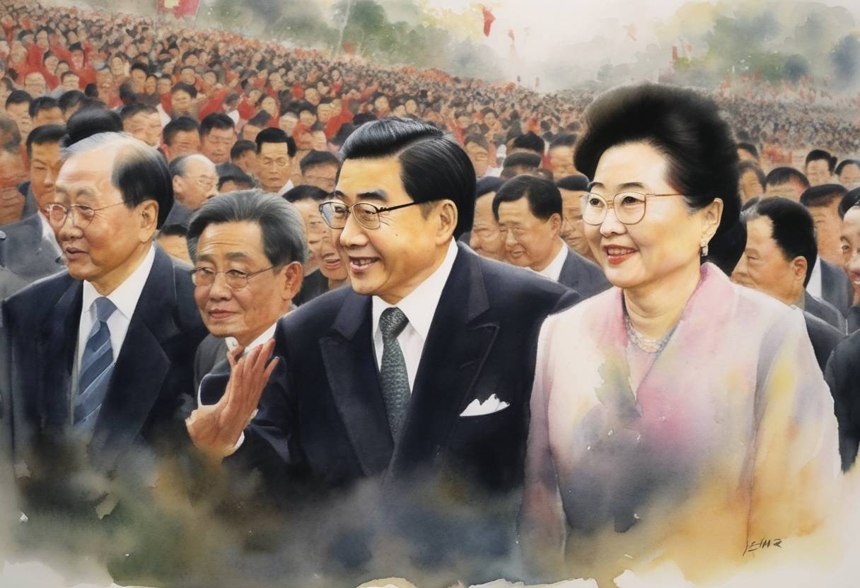Watercolor painting based depiction of Hu Jintao was formally elected as President of the People's Republic of China by the National People's Congress, succeeding Jiang Zemin. (2003)