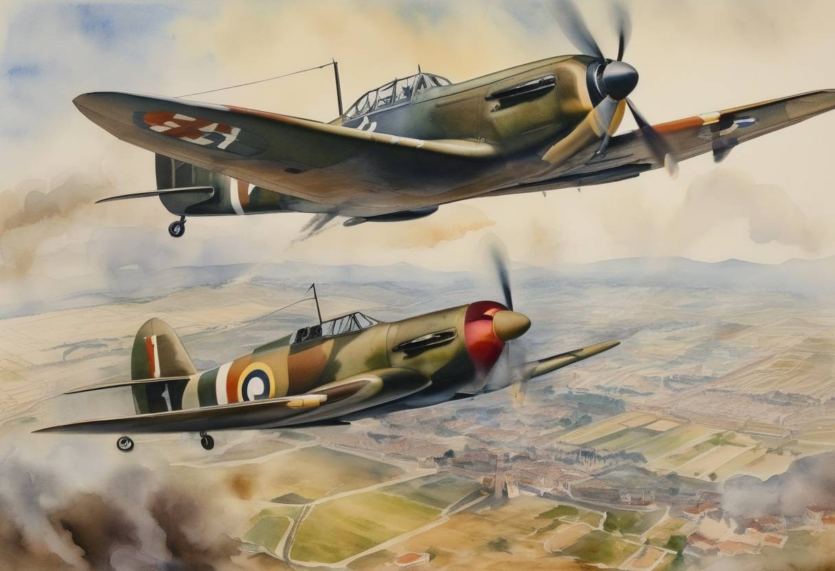 Watercolor painting based depiction of The Allies launch the first large-scale bombing raid from Sicily's airfields against Rome, aiming to disrupt Axis communications and military infrastructure. (1943)