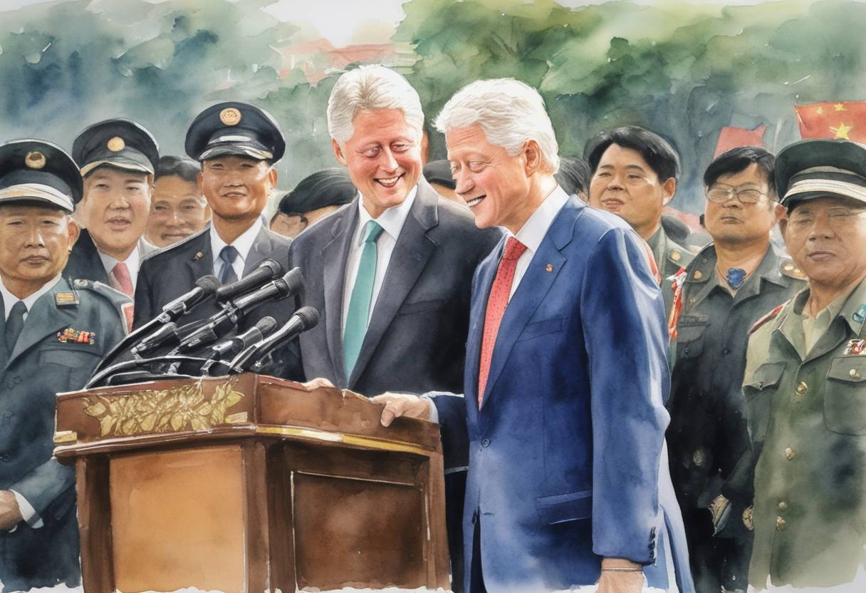 Watercolor painting based depiction of Bill Clinton, President of the United States, became the first American head of state to visit Vietnam since the end of the Vietnam War, seeking to promote bilateral relations and support economic reforms in Vietnam. (2000)