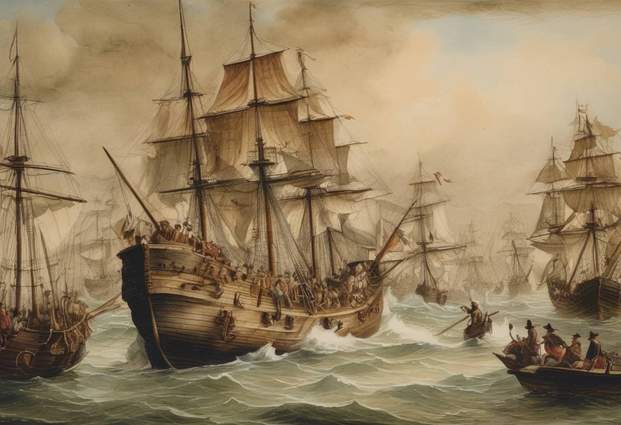 Watercolor painting based depiction of Henry Morgan, leading a fleet of buccaneers, captures the city of Panama. (1670)