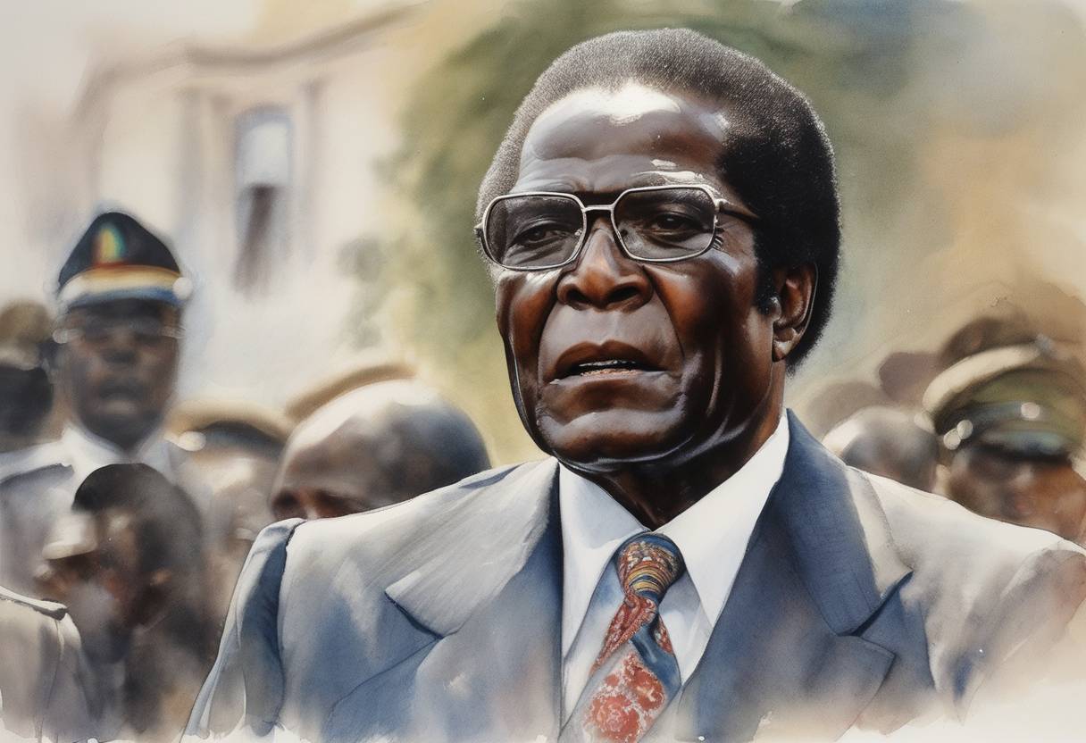 Watercolor painting based depiction of Robert Mugabe becomes Zimbabwe's first Black Prime Minister following the country's independence from British rule. (1980)