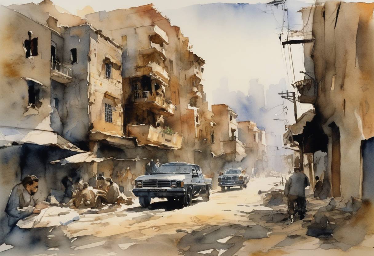 Watercolor painting based depiction of The Iran-Contra affair was revealed to the public after Ash-Shiraa, a Lebanese magazine, published a report about the US selling arms to Iran. (1986)