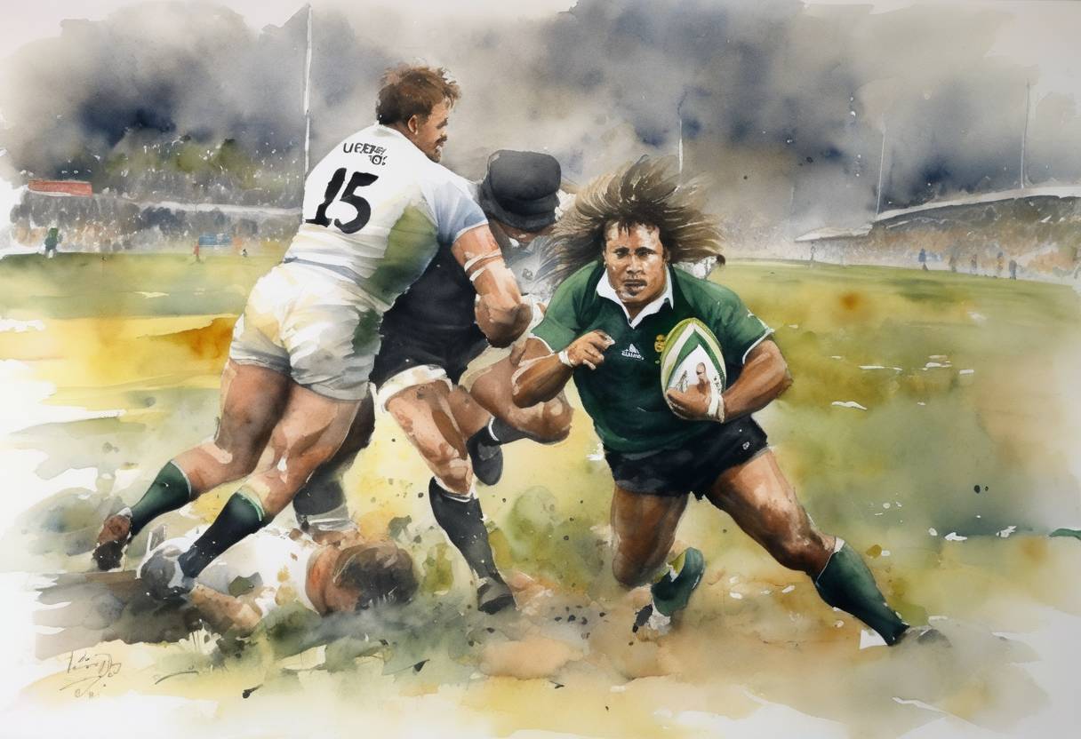 Watercolor painting based depiction of South Africa defeats New Zealand to win its first rugby World Cup, a significant event in the post-apartheid era. (1995)