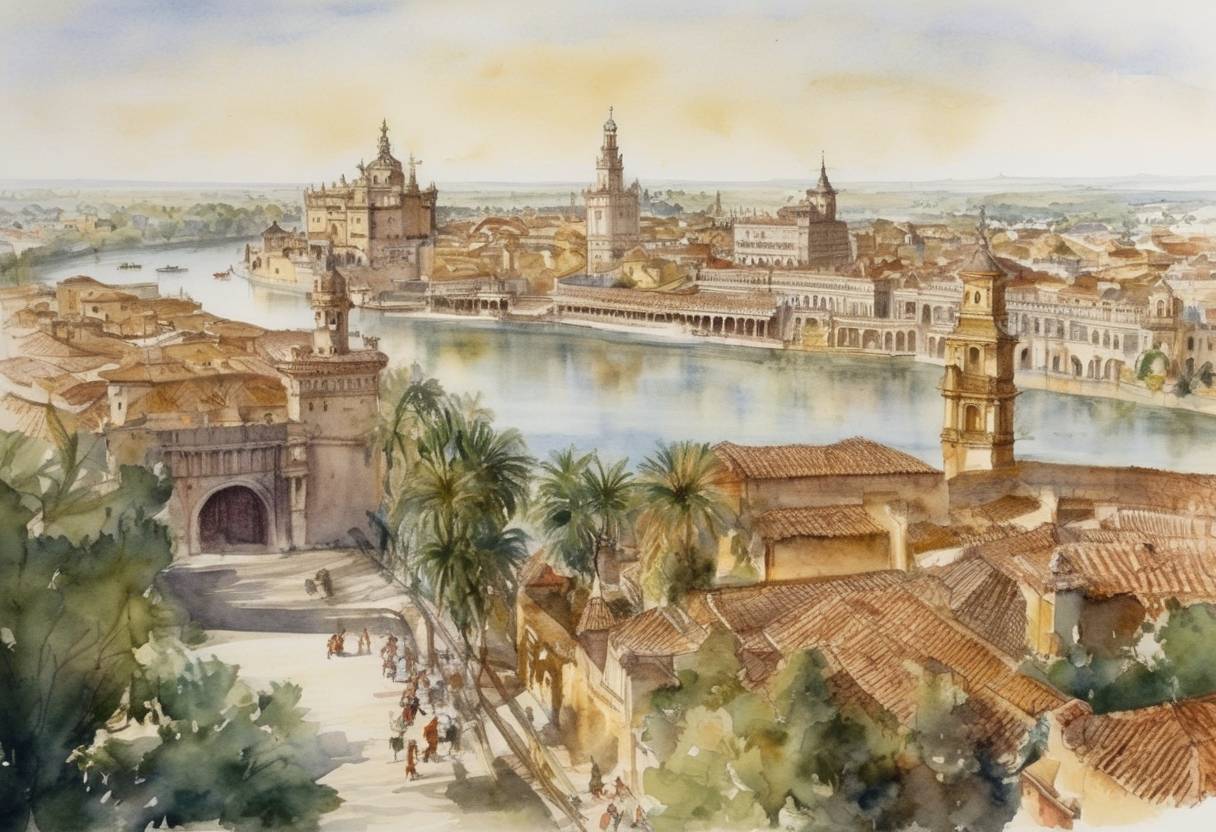 Watercolor painting based depiction of In Seville, Spain, explorer Juan Ponce de León was granted the first contract to colonize and govern the new lands he had discovered, known today as Florida. (1514)