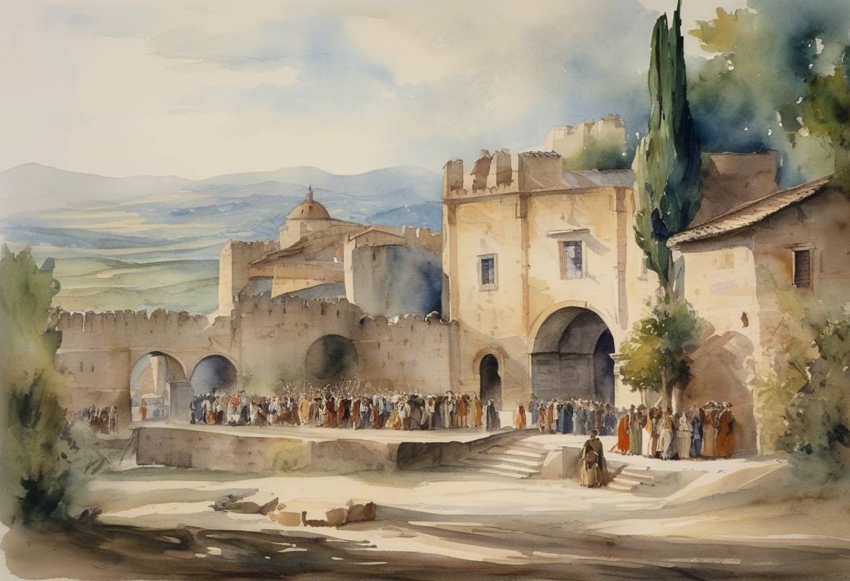 Watercolor painting based depiction of The Treaty of Tarascon was signed, which was an attempt to bring peace between the Kingdom of Aragon and the Papal States after the War of the Sicilian Vespers. (1291)