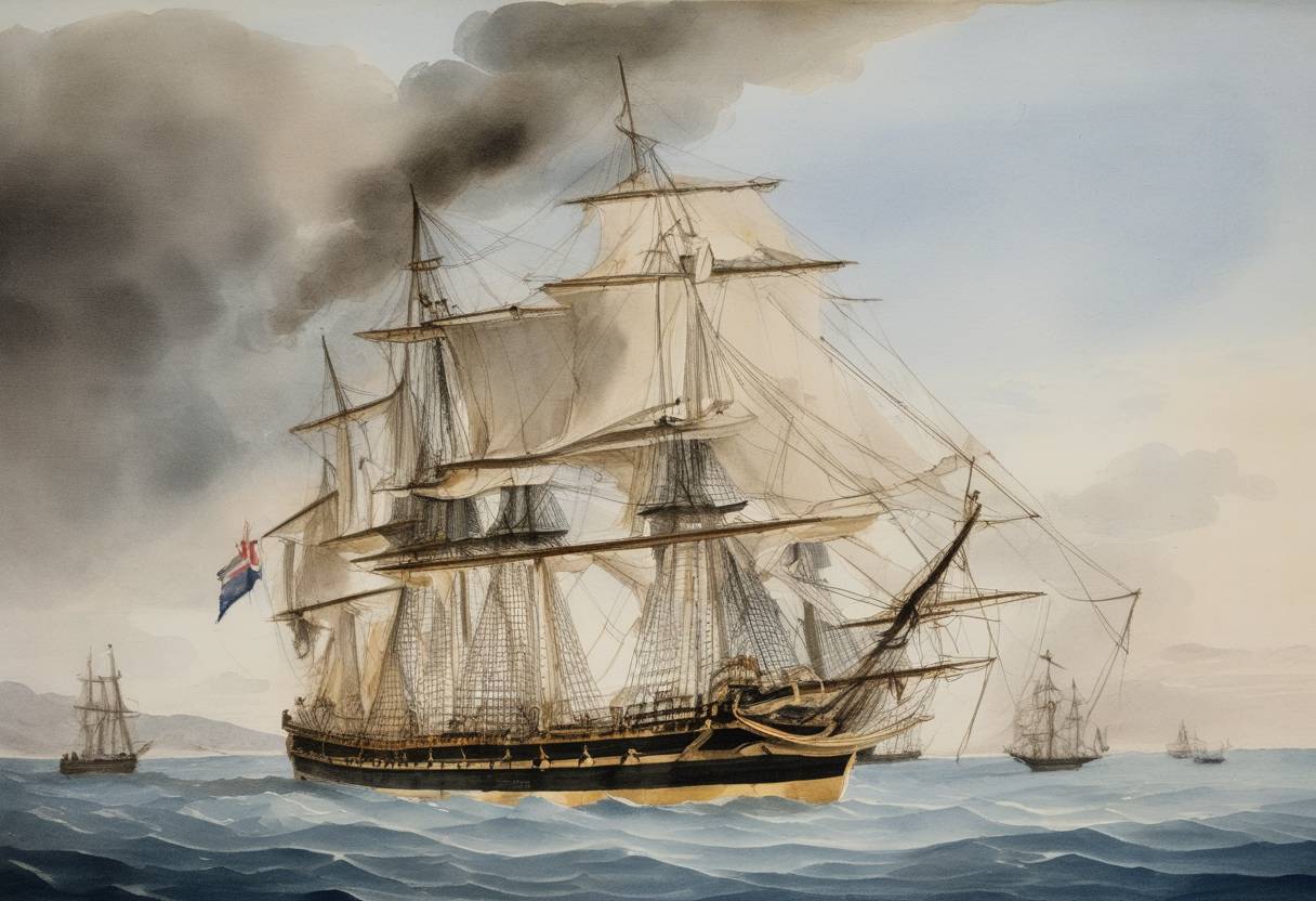 Watercolor painting based depiction of Quasi-War: The U.S. frigate USS Constellation captures the French privateer ship La Vengeance off the coast of Saint-Domingue. (1800)