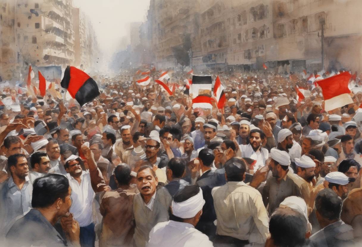 Watercolor painting based depiction of In Egypt, amid the Arab Spring, massive protests continued against President Hosni Mubarak's regime, with demonstrations concentrated in Tahrir Square attracting global attention. (2011)