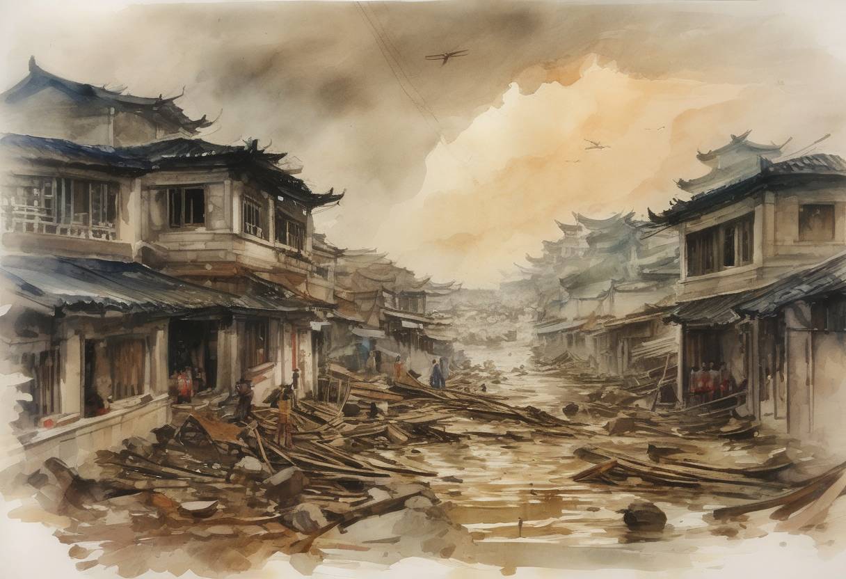 Watercolor painting based depiction of A typhoon hit Shantou, China, killing more than 50,000 people, one of the deadliest natural disasters in the region's history. (1922)