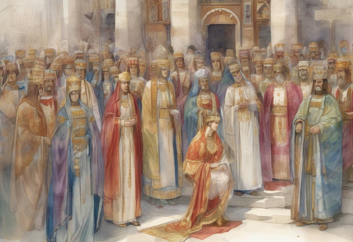 Watercolor painting based depiction of Theodora, the influential Byzantine Empress and wife of Emperor Justinian I, passed away. She was known for her significant role in the politics of the Byzantine Empire and her efforts in advancing women's rights. (548)