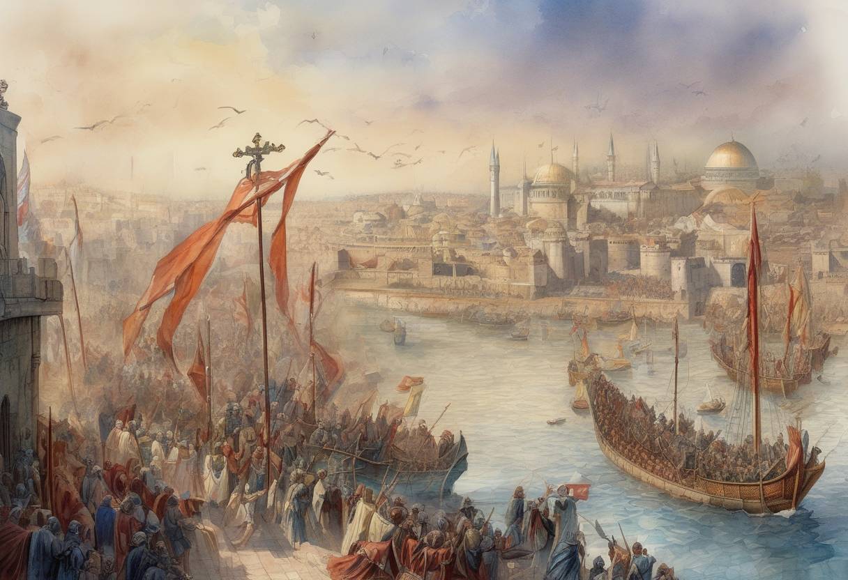 Watercolor painting based depiction of The Fourth Crusade captured Constantinople, marking a significant event in the history of the Crusades and leading to the establishment of the Latin Empire. (1204)