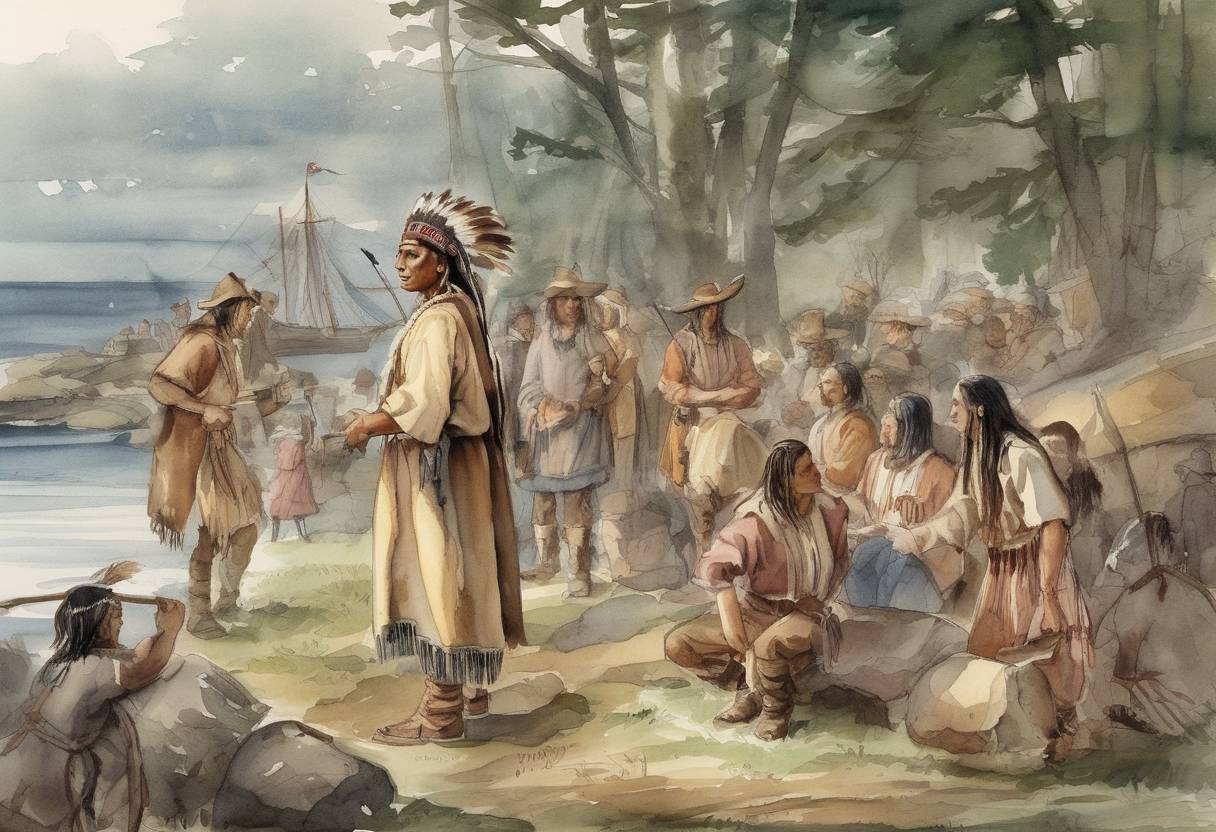 Watercolor painting based depiction of Samoset, an Abenaki Native American, makes contact with the Pilgrims of Plymouth Colony, becoming the first Native American to do so. (1621)