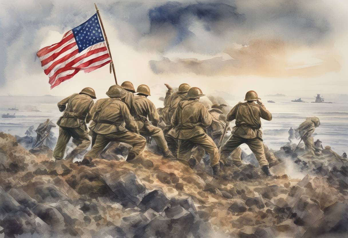 Watercolor painting based depiction of During the Battle of Iwo Jima, a group of United States Marines and a Navy corpsman raise the American flag atop Mount Suribachi, an event captured in the iconic photograph by Joe Rosenthal. (1945)