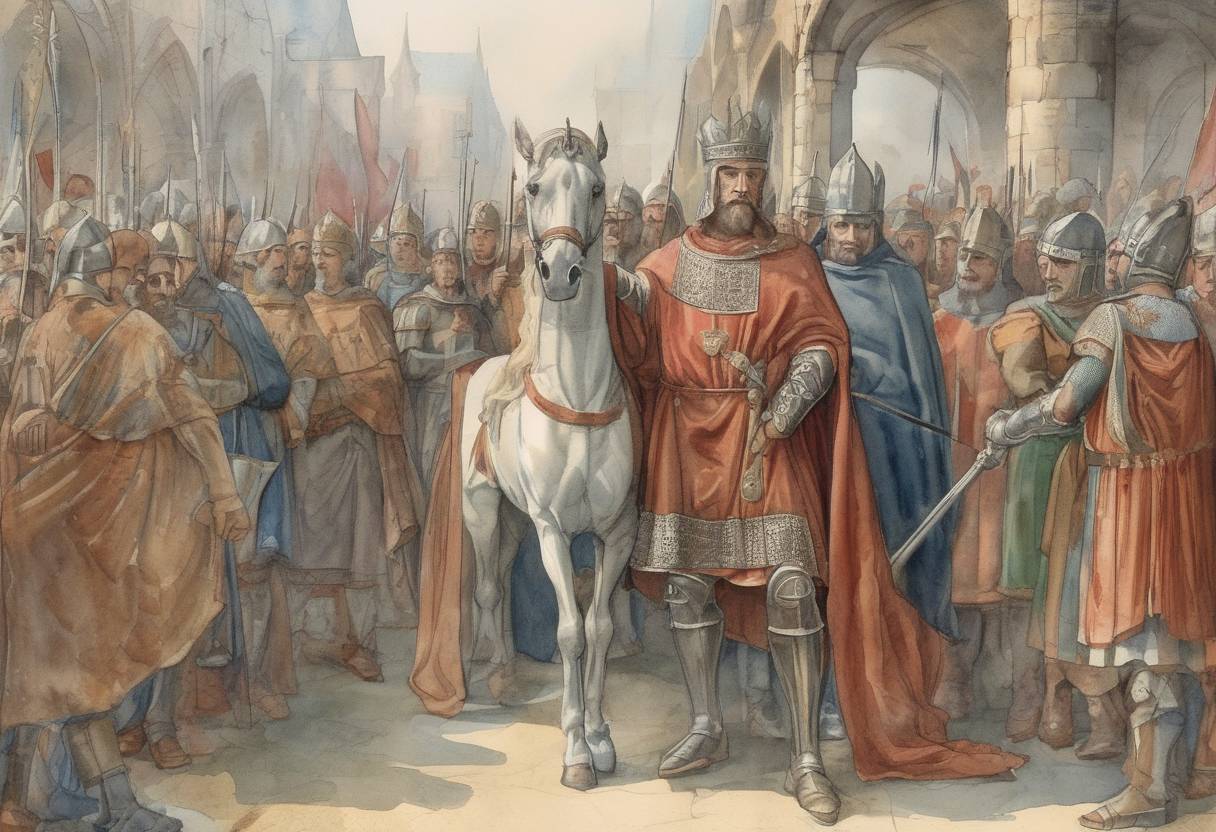 Watercolor painting based depiction of Charlemagne, also known as Charles the Great, was born. He would later become King of the Franks and Lombards and Emperor of the Carolingian Empire, playing a crucial role in the Carolingian Renaissance and the unification of much of Western Europe. (742)
