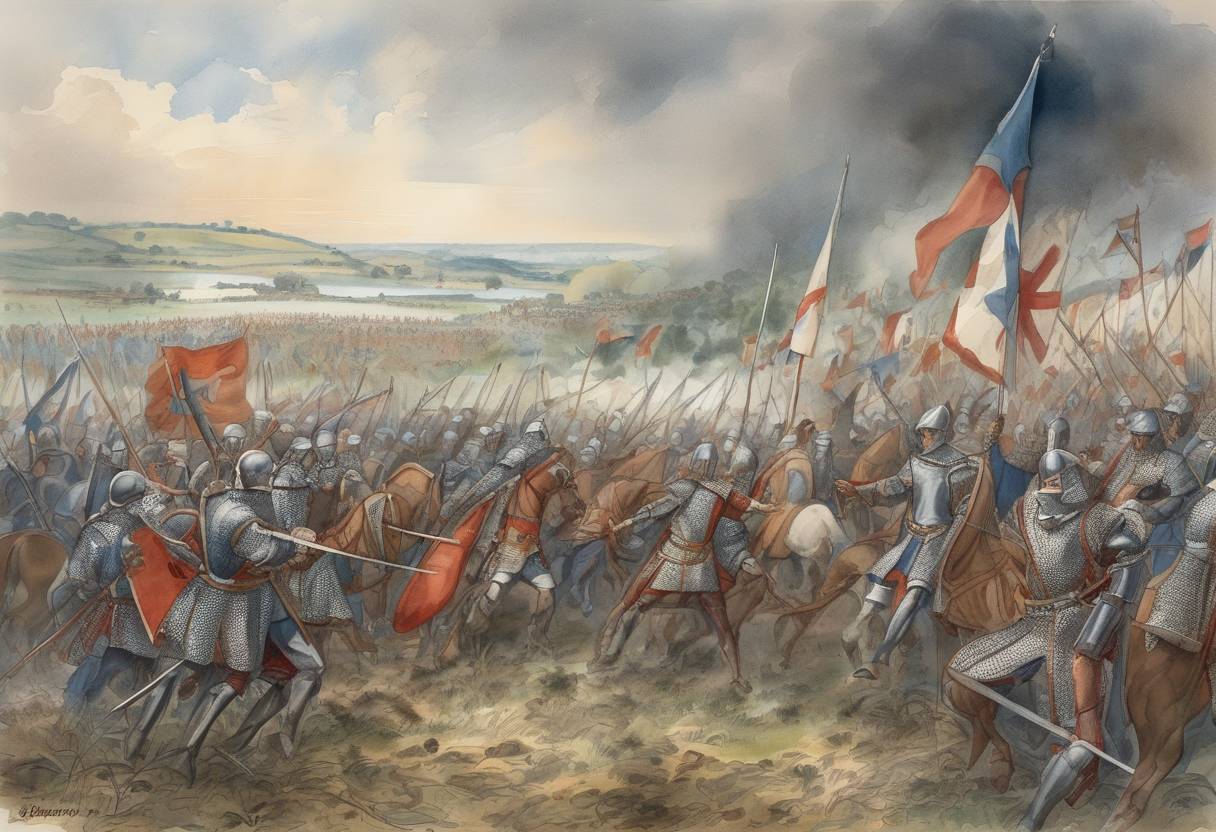Watercolor painting based depiction of The Battle of Jengland took place, where the forces of Charles the Bald, King of West Francia, were defeated by the Bretons under Erispoe, leading to the Treaty of Angers. (851)