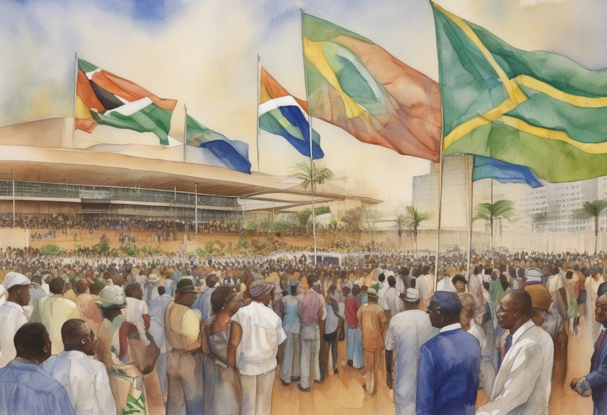 Watercolor painting based depiction of The African Union (AU) was formally launched in Durban, South Africa, replacing the Organization of African Unity (OAU). (2002)